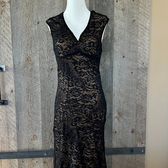 Black Full Lace Midi Cocktail Dress Sleeveless - Picture 1 of 4